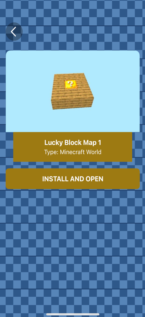 마인크래프트 PE용 럭키 블록 맵 미리 보기 및 설치 화면으로, 설치 및 열기 버튼이 있습니다.