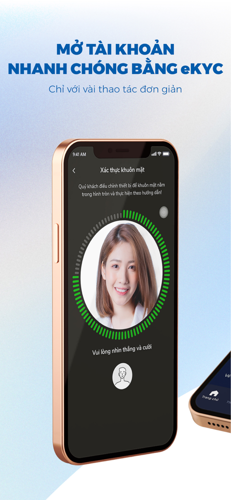 Eximbank EDigi - Smartphone mostrando el proceso de verificación facial eKYC para abrir una cuenta bancaria en la aplicación Eximbank EDigi.
