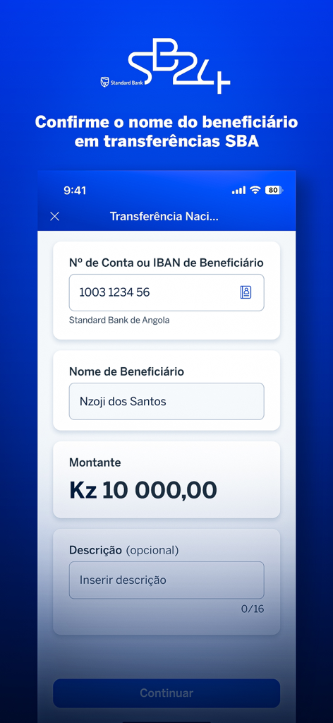 SB24 - Mobile screen of the SB24 banking app showing a national transfer form in Portuguese with fields for beneficiary IBAN, name, and amount in Angolan Kwanza.