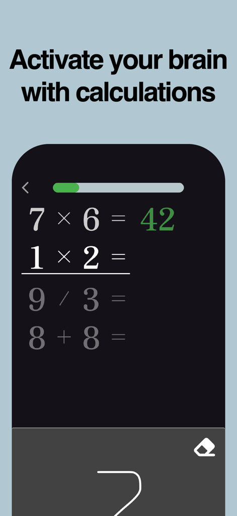 BrainDojo: Brain Training Game - Aplicación de entrenamiento cerebral que muestra ejercicios de cálculo de matemáticas mentales con entrada de escritura.