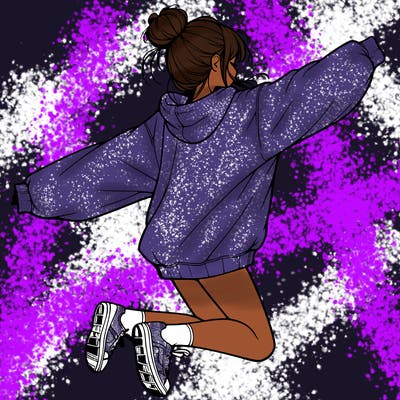 realistic girl jumping with a bun and oversized sweatshirt