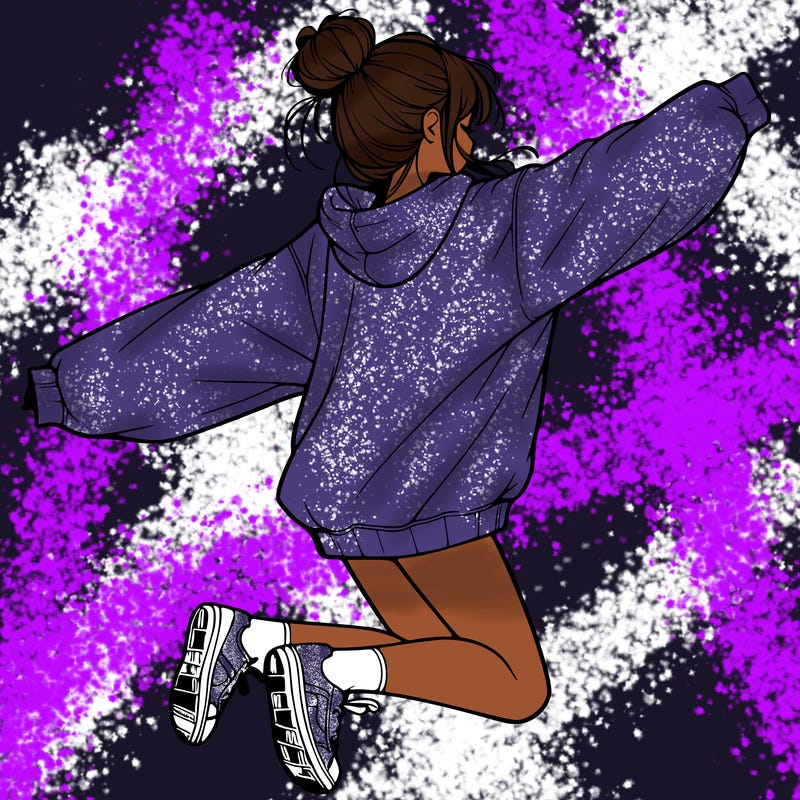 realistic girl jumping with a bun and oversized sweatshirt