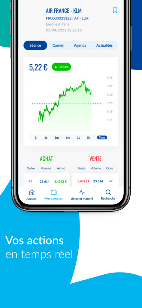 EasyBourse - Application mobile EasyBourse affichant les données boursières en temps réel et le graphique pour Air France