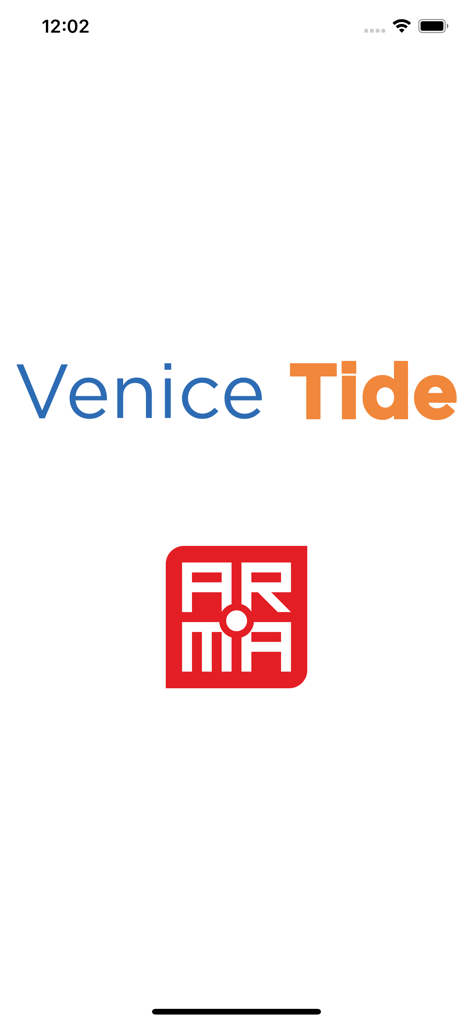 Pantalla de inicio de la aplicación Venice Tide con el título y el logotipo de la empresa.