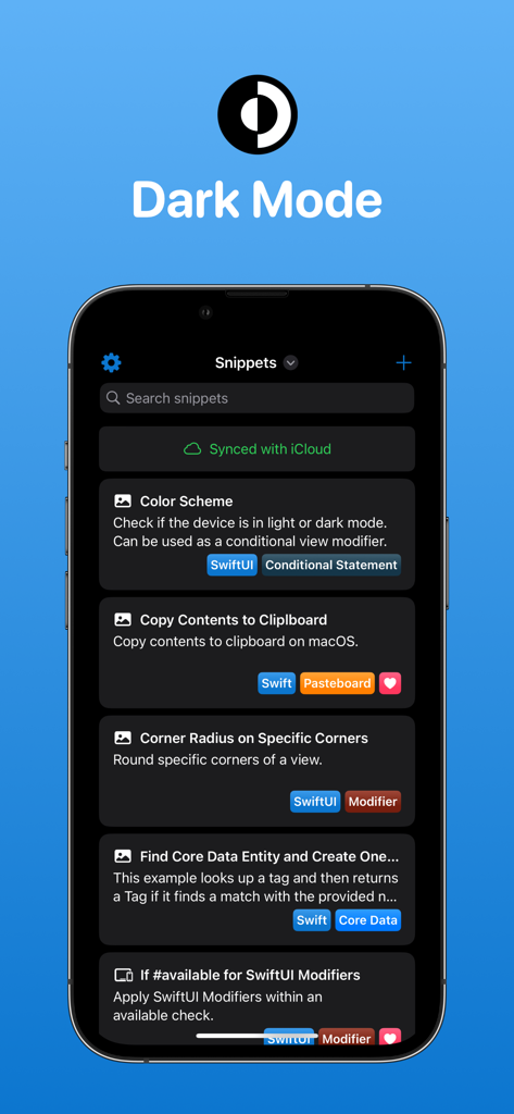 Snippets Studio - Interface do aplicativo Snippets Studio em modo escuro mostrando uma lista de trechos de código salvos com status de sincronização do iCloud