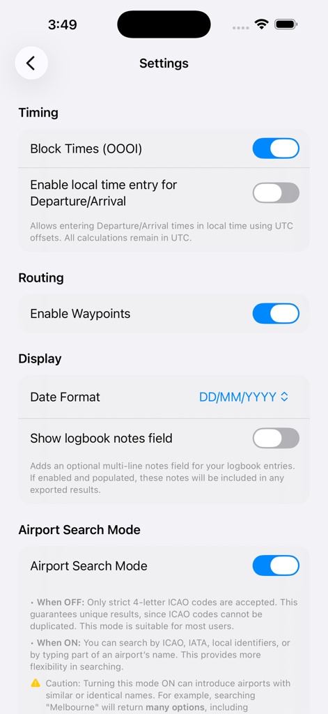 Flight Day/Night Calculator - Settings screen of the Flight Day Night Calculator app showing timing routing and display options