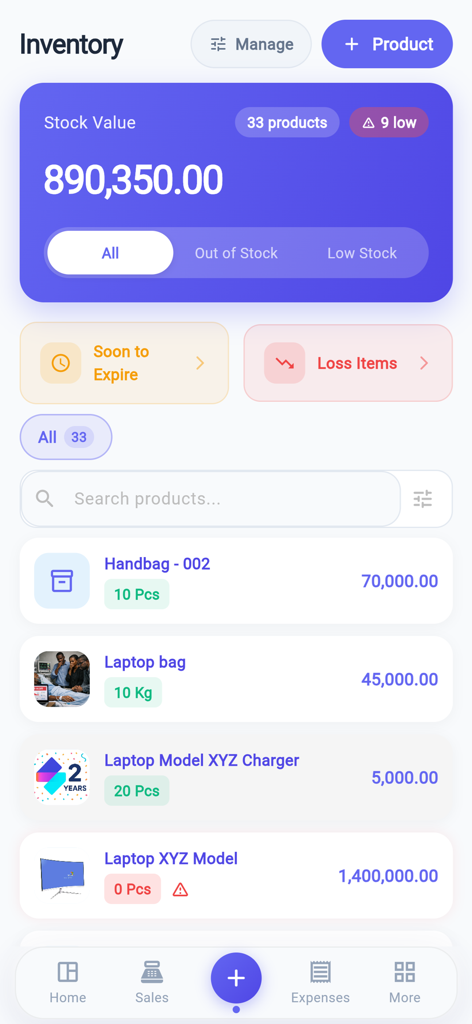 SmartBusiness Bookkeeping App - Schermata di gestione dell'inventario dell'app SmartBusiness Bookkeeping che mostra il valore totale dello stock e la disponibilità dei prodotti
