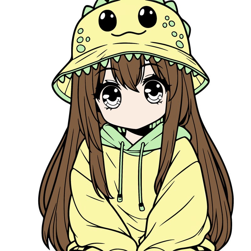 girl with anime shaped eyes with a dinosaur bucket hat oversized sweatshirt long straight hair