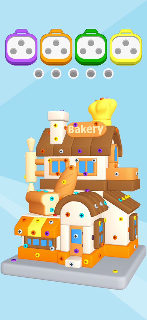 3D puzzle game screen with a bakery building and colored screws