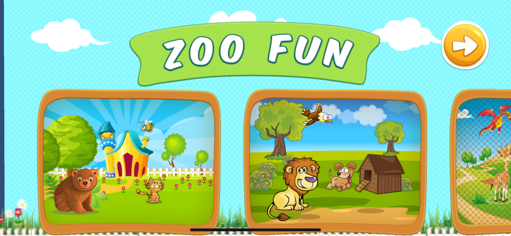Zoo Fun - Matching Puzzle - Écran de menu de l'application Zoo Fun montrant différents niveaux de puzzles d'animaux, y compris un ours et un lion