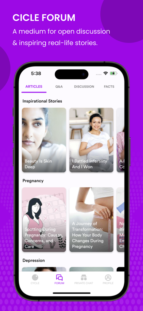 CICLE app forum screen displaying inspirational stories and informative health articles for women