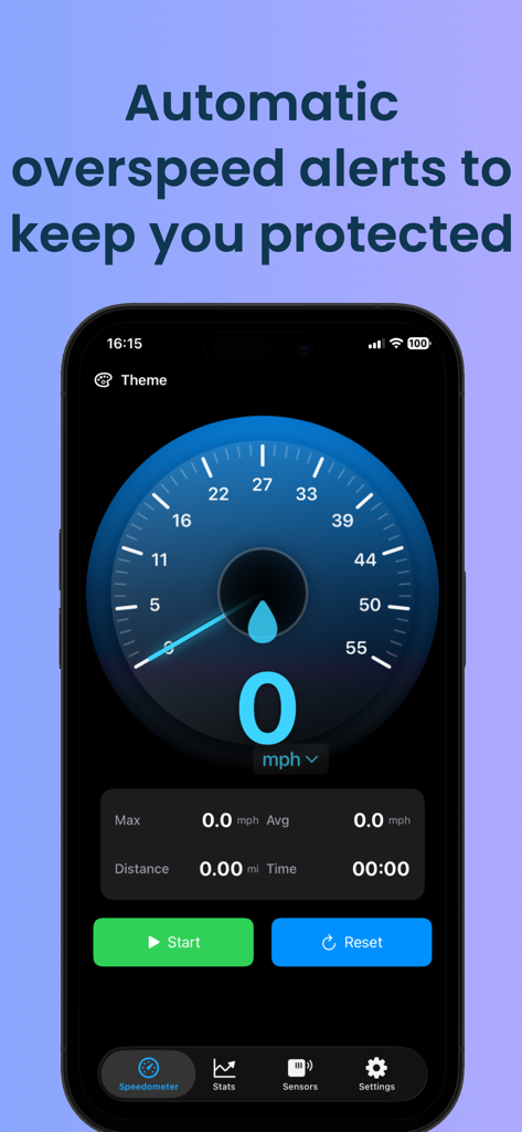 Speedometer-GPS Speed Test APP - 青いデジタルゲージと自動速度超過アラートメッセージが表示されたスピードメーターアプリのインターフェイス