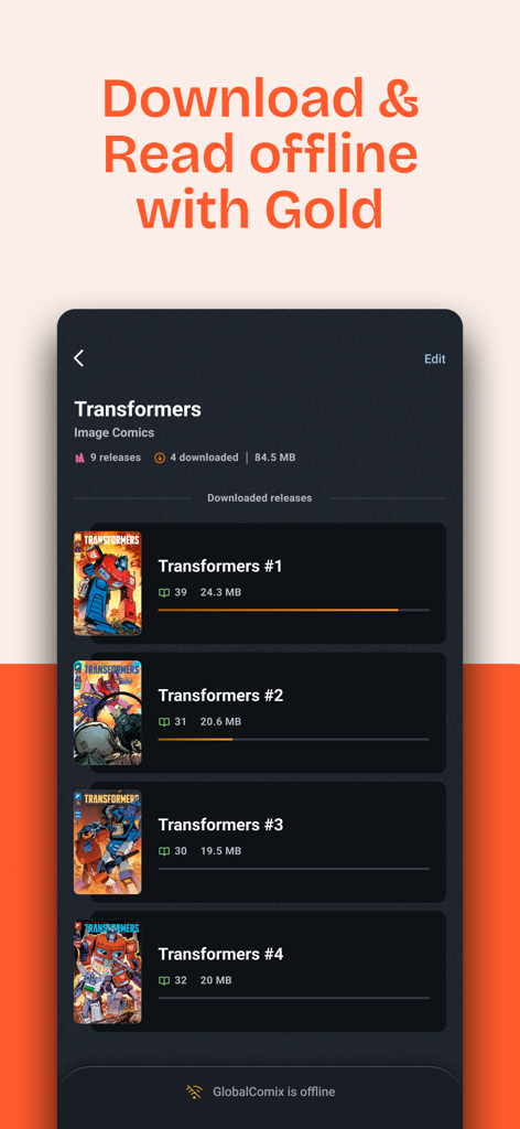 GlobalComix: The Comics App - A mobile app screen showing a list of Transformers comic book issues downloaded for offline reading via the GlobalComix Gold subscription.