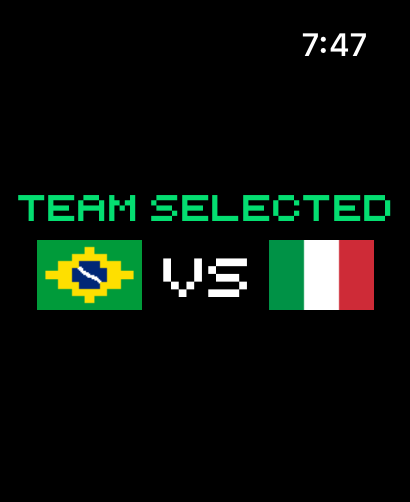Fußball-Arcade-Spiel-Team-Auswahlbildschirm auf der Apple Watch mit Brasilien gegen Italien