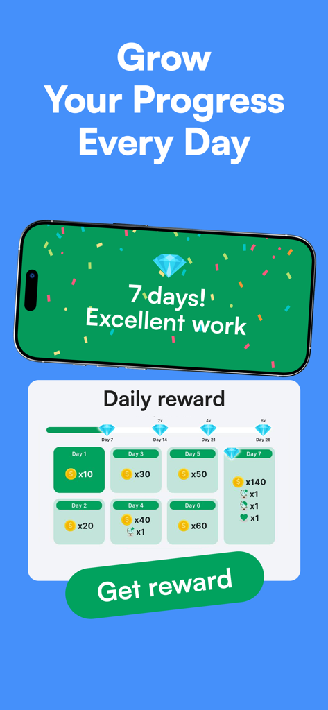StudyGe app screenshot showing a 7 day daily reward streak and progress tracker