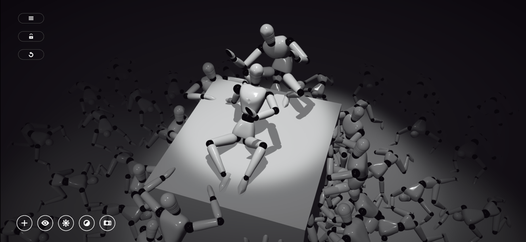 A scene with multiple 3D mannequins in various poses under a spotlight for anatomy and lighting reference.