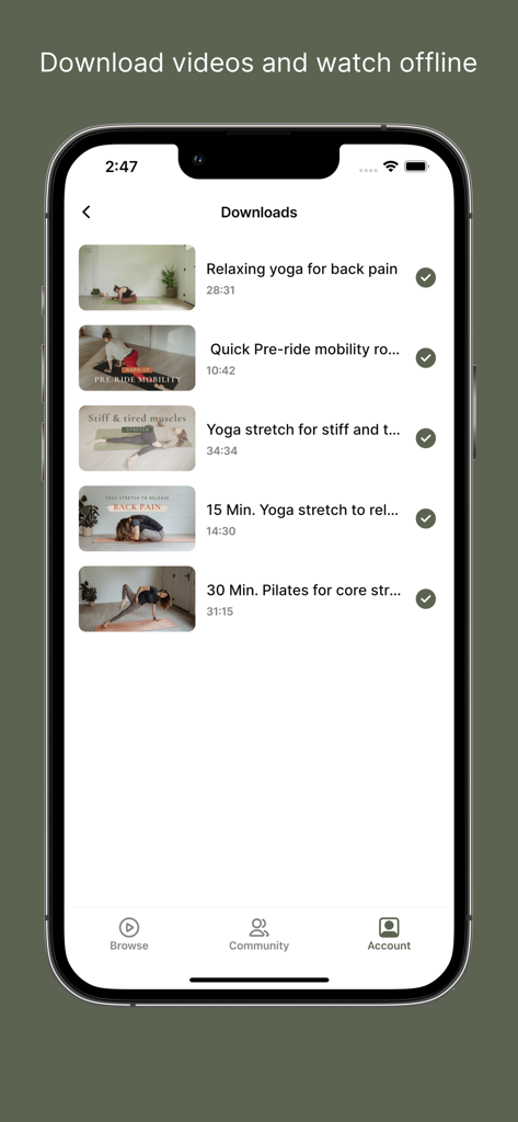 Equi Yoga - List of downloaded equestrian yoga and pilates videos for offline use in the Equi Yoga app