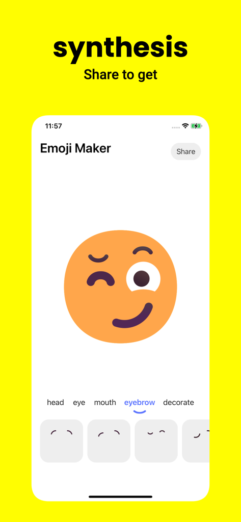 Emoji Maker-Create stickers - Un'interfaccia di app mobile per Emoji Maker che mostra un'emoji personalizzata arancione che fa l'occhiolino, in fase di modifica con diverse opzioni per le sopracciglia.