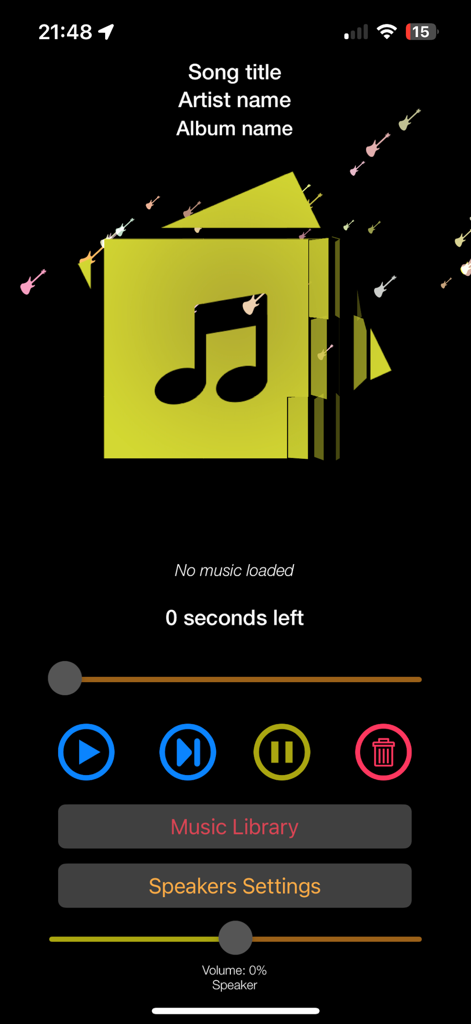 User interface of the Bluetooth Car Audio Music Play app showing playback controls and music library options
