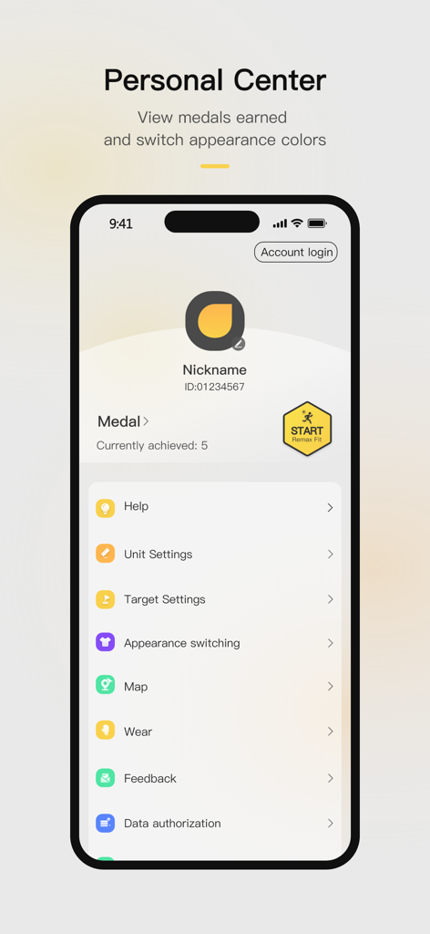 Remax Fit - The Personal Center screen in the Remax Fit app displaying profile settings and earned medals.