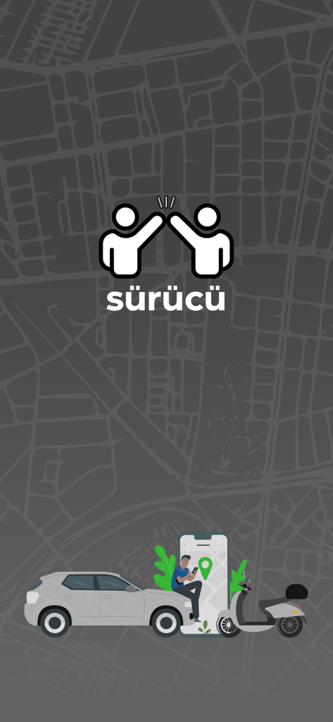 TAG Surucu driver app welcome screen with car and scooter illustrations on a city map background