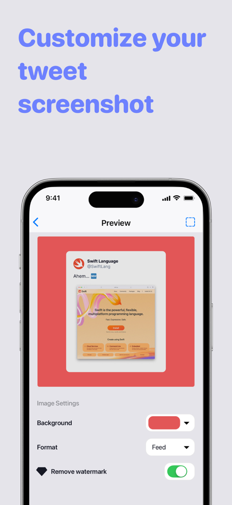 iPhone interface showing a preview of a tweet with a customizable red background and format settings
