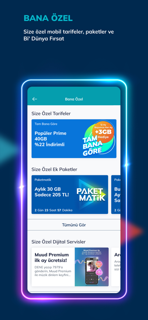 Türk Telekom app screen showing personalized mobile tariffs and digital services