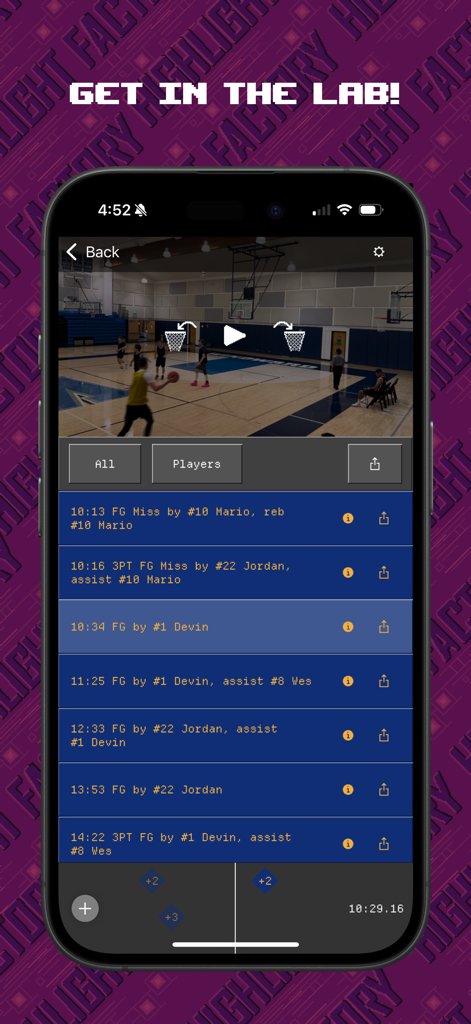 Highlight Factory - Highlight Factory app interface showing a list of AI-detected basketball plays and game video.