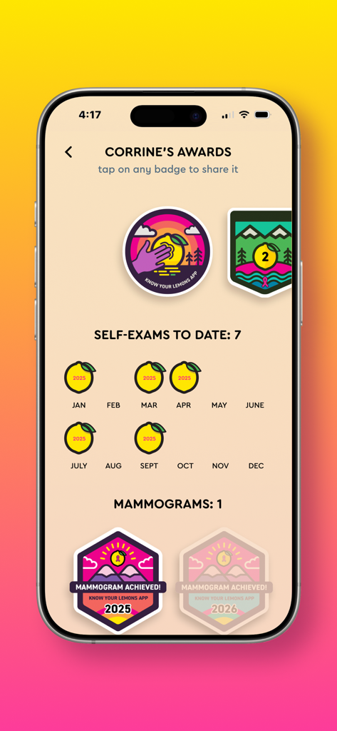 Know Your Lemons - Awards-Bildschirm in der Know Your Lemons App, der verdiente Abzeichen für Brustselbstuntersuchungen und Mammographien anzeigt