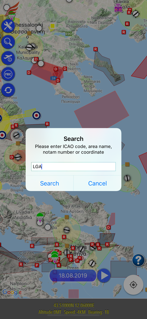 Search dialog for ICAO codes and NOTAM numbers over an aviation map.