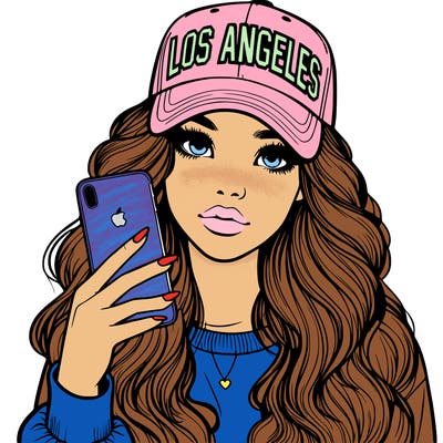 realistic beautiful girl wearing los ángeles cap holding an iphone