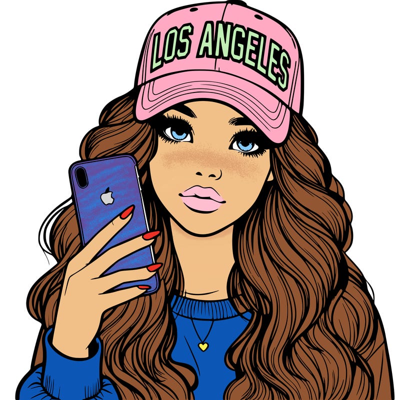 realistic beautiful girl wearing los ángeles cap holding an iphone