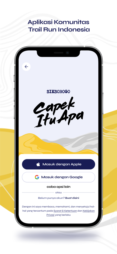 SIKSOROGO - Login screen of the SIKSOROGO app for the Indonesian trail running community showing social login options.