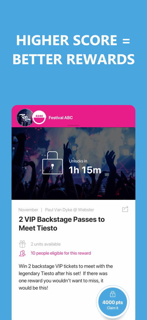 SocialLadder app screen showing a VIP backstage pass reward for users with high social scores