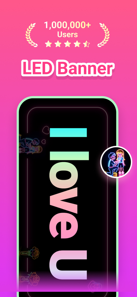 La app LED Banner muestra un mensaje de texto brillante de neón 'I love U' desplazándose en un smartphone