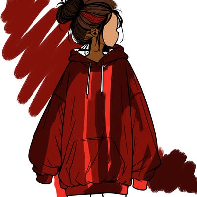 realistic girl with a oversized sweatshirt on and a bun