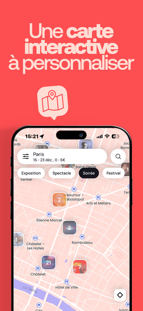 durevie: agenda sorties & news - Interfaz de la aplicación Durevie que muestra un mapa interactivo de eventos musicales y culturales en París.