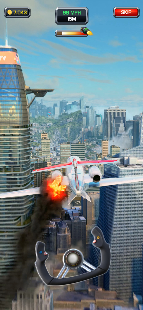 A plane on fire flying between skyscrapers in Crazy Plane Landing