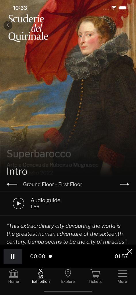 Scuderie del Quirinale - Scuderie del Quirinale App-Oberfläche mit einem Ausstellungs-Audioguide mit einem Barockporträt und Wiedergabesteuerungen.