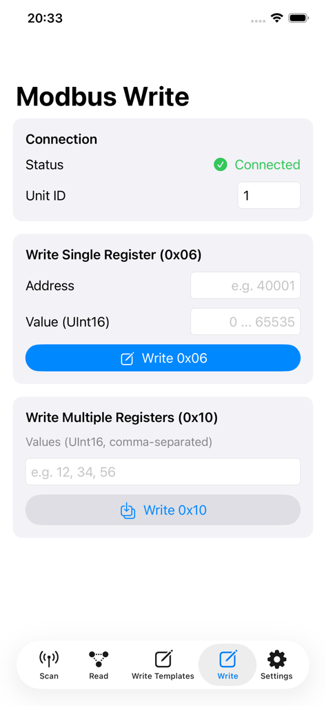 Modbus TCP Pro - Interface of Modbus TCP Pro app for writing single and multiple registers to industrial devices