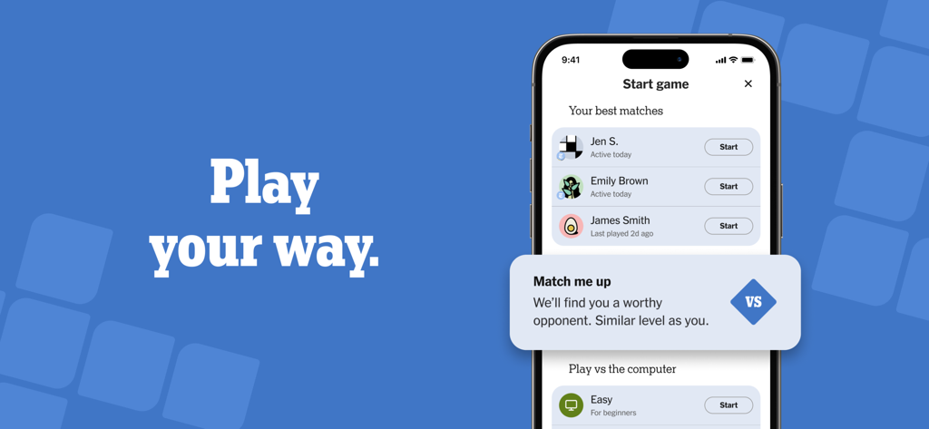 NYT Crossplay game interface showing options to start a match against friends or a similarly leveled opponent.