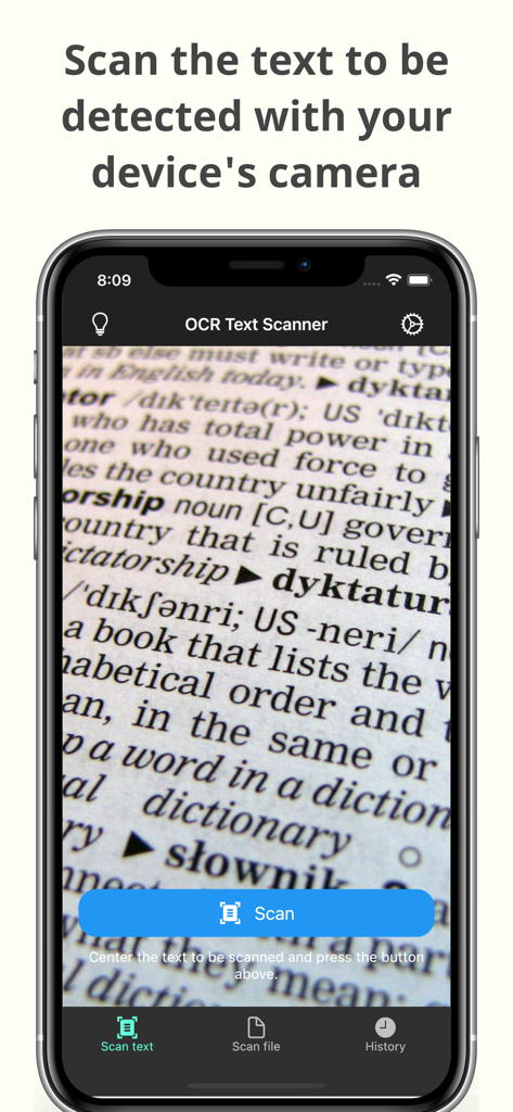 OCR Text Scanner app camera interface scanning text from a document