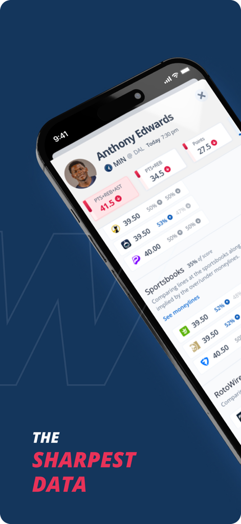 RotoWire Picks mobile app displaying NBA player props and data analysis for Anthony Edwards