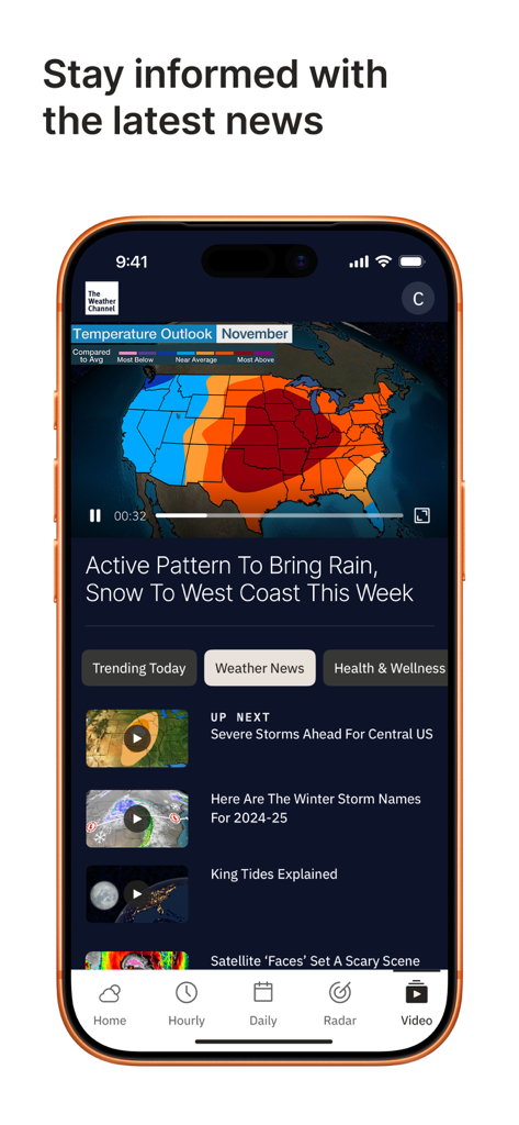 The Weather Channel app interface showing weather news videos and temperature outlook map