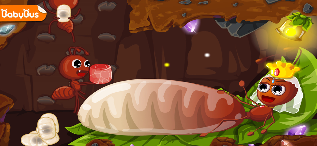 Cartoon queen ant wearing a crown and worker ant carrying food in an underground nest.