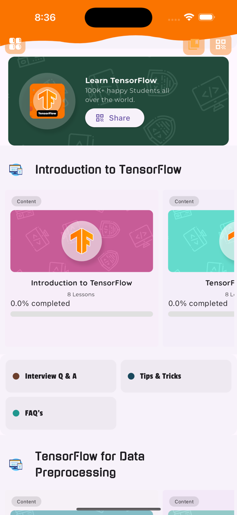 Learn TensorFlow - TensorFlowを学ぶモバイルアプリのインターフェース。コースカテゴリ、面接対策、機械学習のヒントが表示されます。