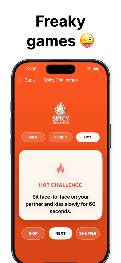 Relationship Game For Couples - A spicy challenge screen from the Relationship Game For Couples app showing a hot level intimacy prompt