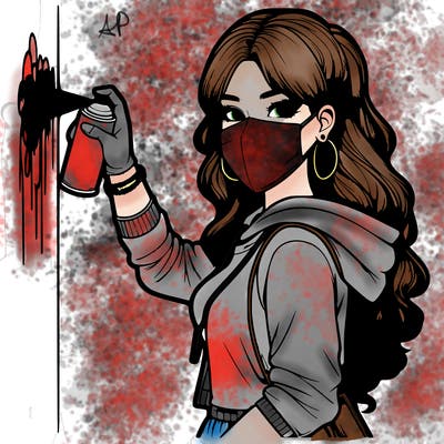 realistic girl with mask spray painting a wall