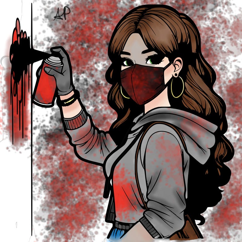 realistic girl with mask spray painting a wall