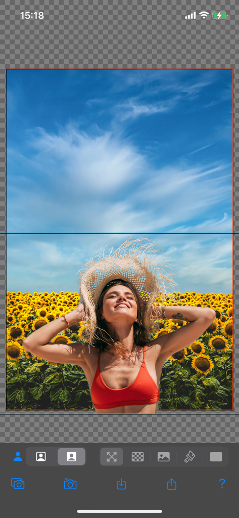 Background Replacer - 背景置換編集中のひまわり畑にいる女性の写真を示すモバイルアプリインターフェイス